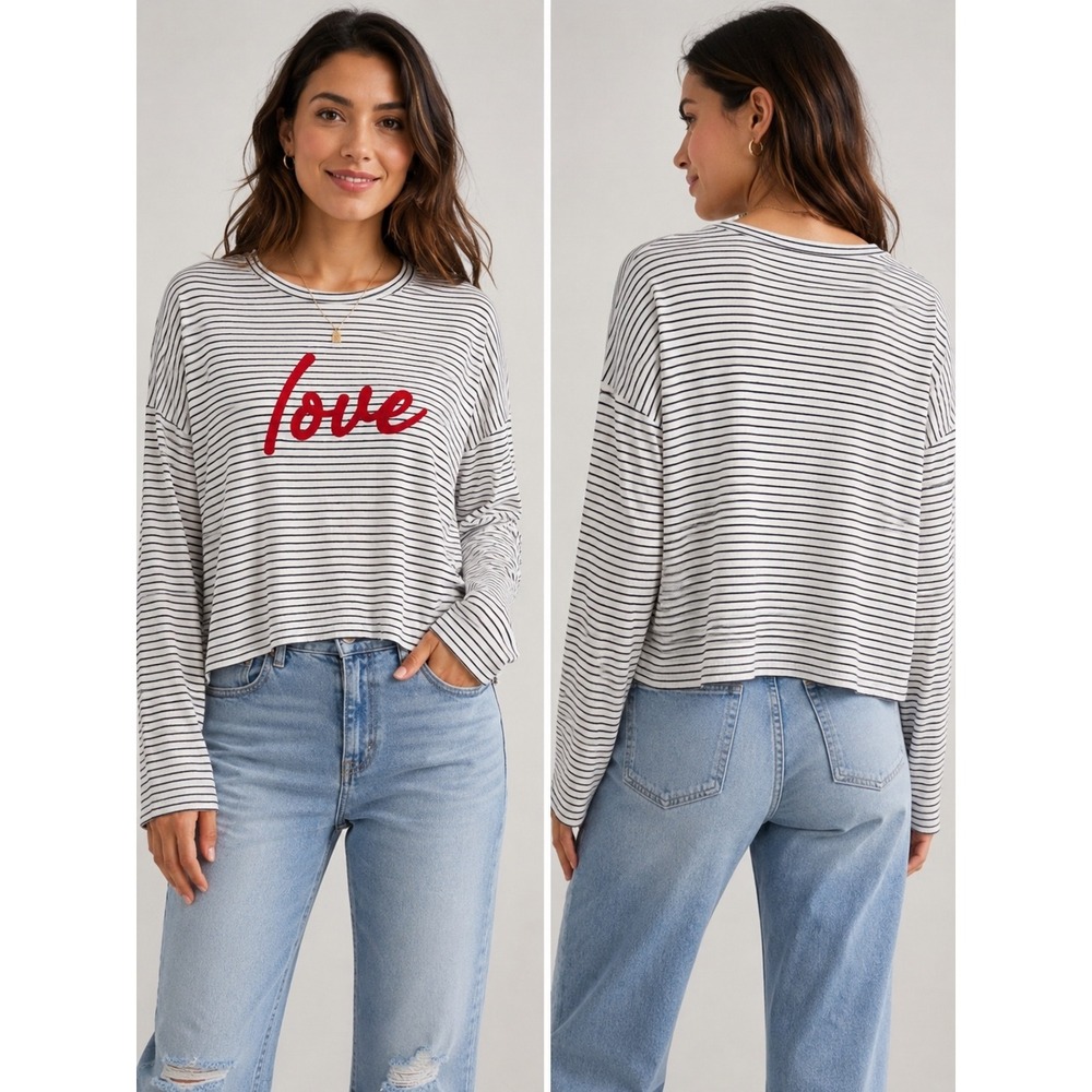 Rachel‎ Rachel Roy Love Graphic Striped Long Sleeve Top White Black Red Medium